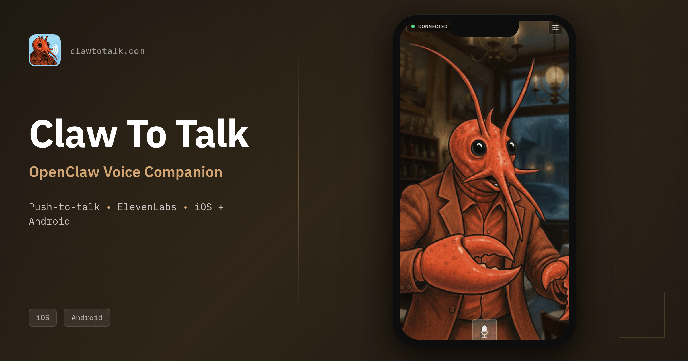 Claw To Talk app screenshot showing OpenClaw Voice Companion interface